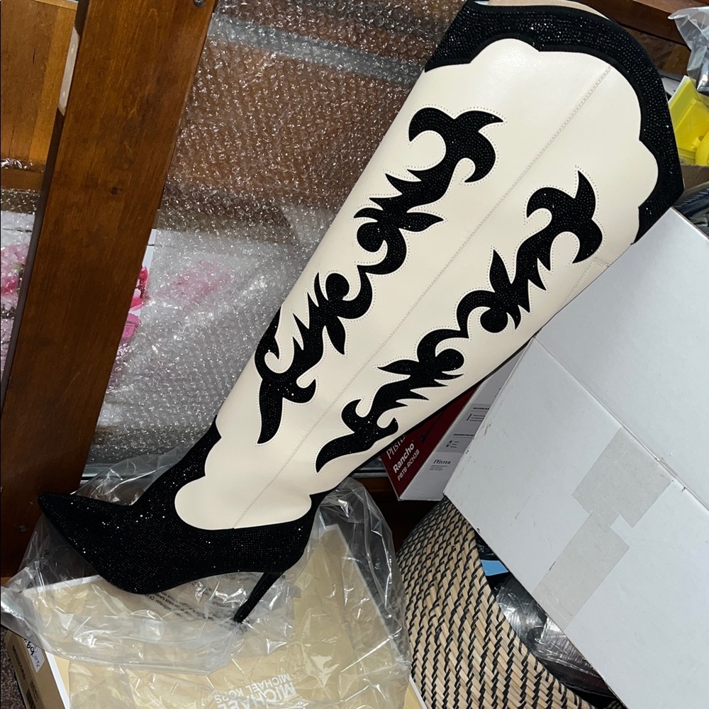 INC Black Rhinestone and Cream Women's Over the Knee High Boots